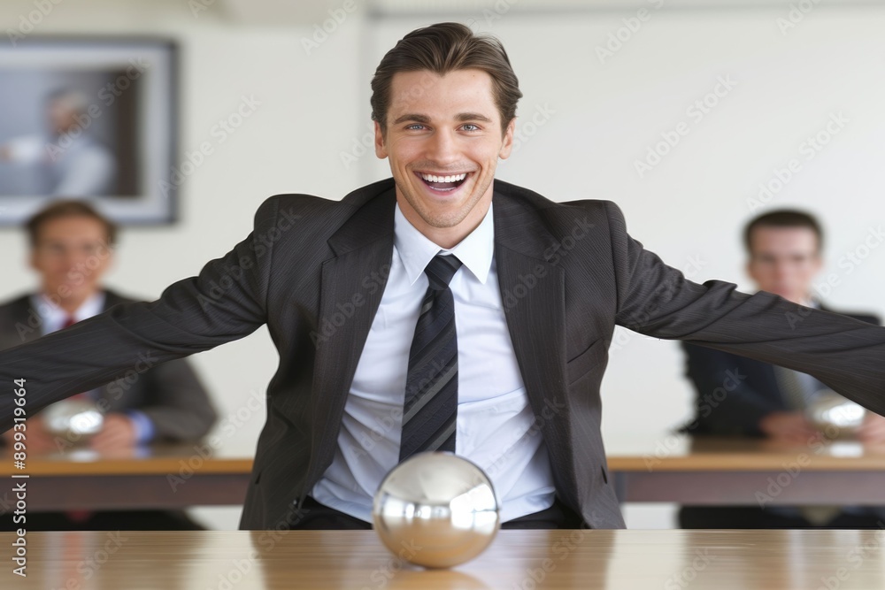 Poster businessman holding abstract sphere with shiny cube in 3d.