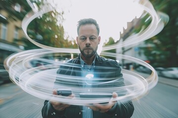 Businessman holding abstract sphere over mobile phone background.