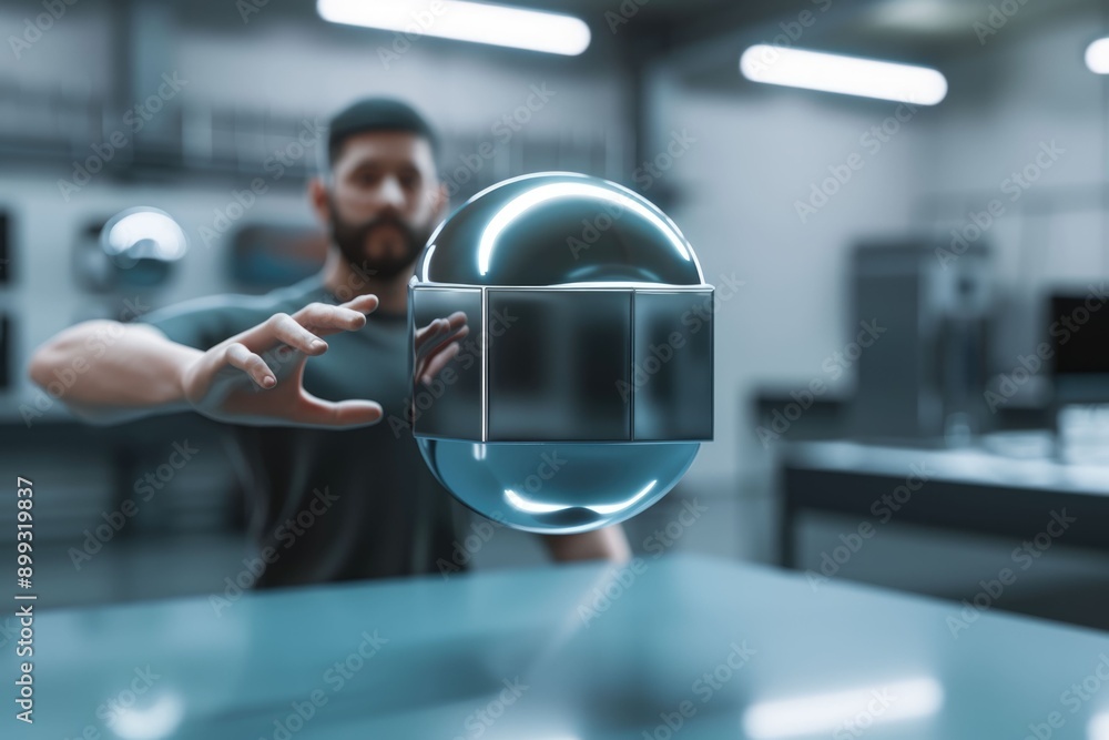 Poster businessman touching shiny cube in abstract 3d rendering.