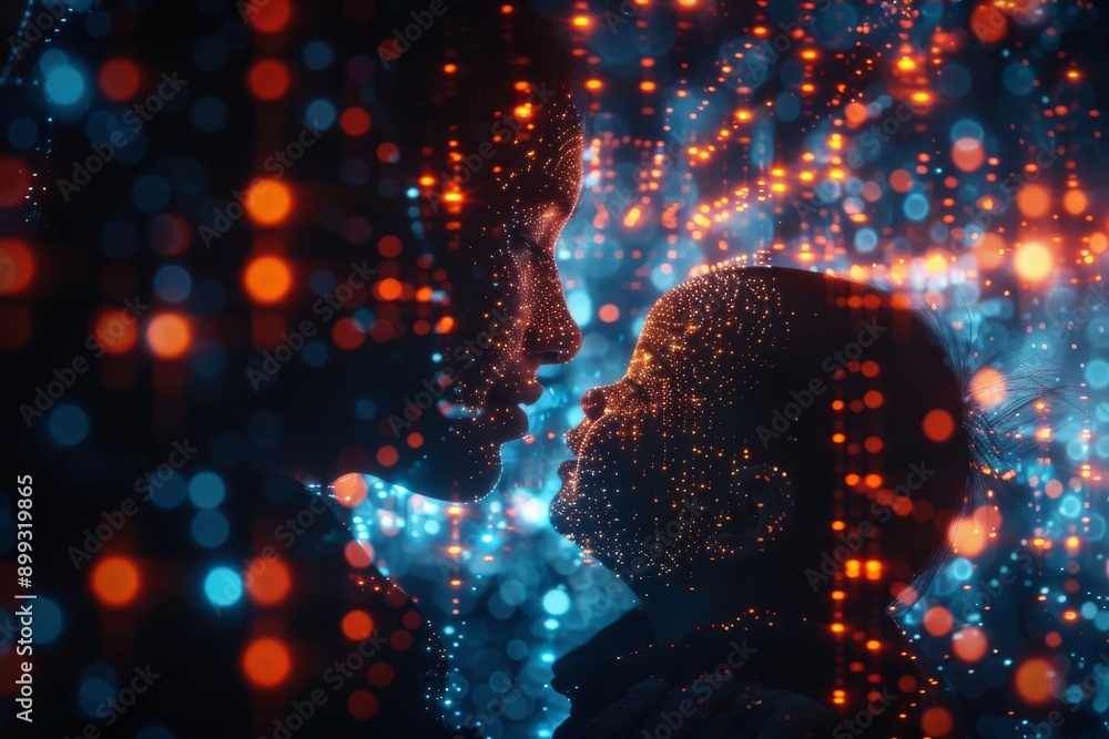 Poster digital parent and child in a neon lit futuristic setting symbolizing connection technology and futu