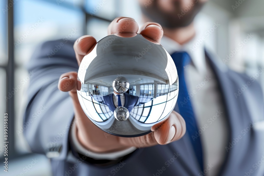 Poster businessman touching shiny cube in abstract 3d rendering.