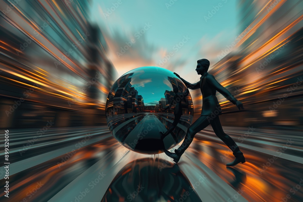 Poster businessman touching shiny cube in abstract 3d rendering.