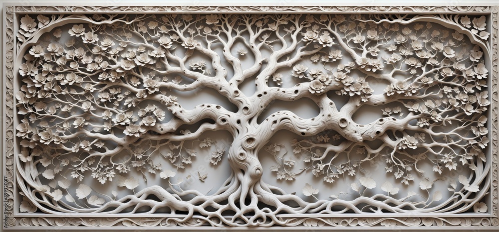 Poster rectangular panel white background center there is large tree br