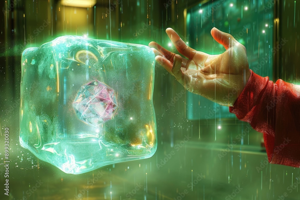 Poster businessman touching shiny cube in abstract 3d rendering.