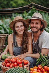 a family with a harvest of vegetables sells at the market. Selective focus.