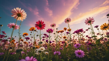 Various flowers grow vertically in a perspective gradient, with a colorful sky as the backdrop.