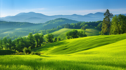 Fototapeta premium Bright green mountain landscape, green Tuscany meadow in warm sunset light