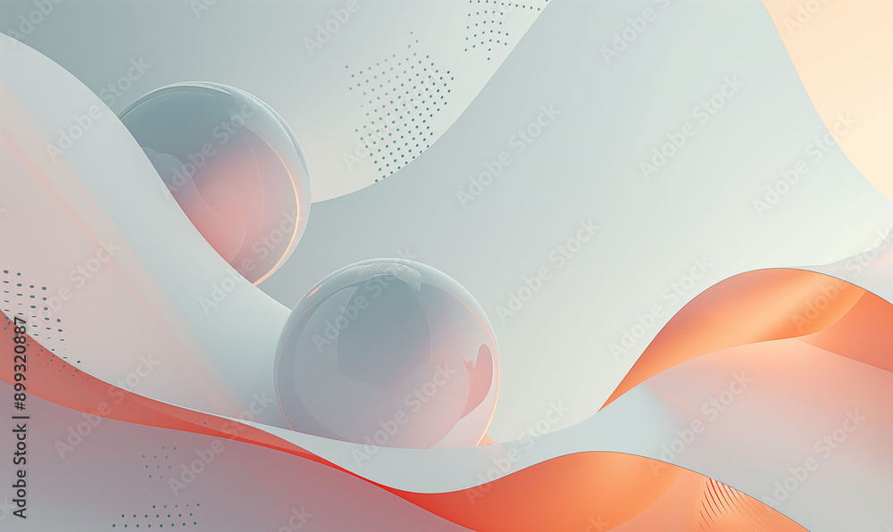 Poster abstract wavy design with transparent spheres and dotted details in soft peach and white