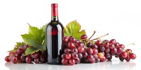 A elegant bottle of rich red wine lies on a pristine white background, surrounded by clusters of plump red grapes and luscious vine leaves, awaiting your message.