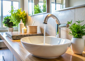 Fototapeta premium Clean modern bathroom sink with running water from faucet, symbolizing good hygiene and cleanliness in a well-maintained contemporary household, shining with freshness and purity.