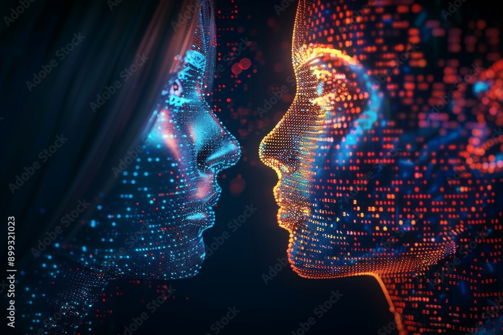 Poster face to face digital interaction in a glowing cybernetic environment exploring themes of connection 