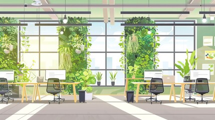 Obraz premium Modern Office Interior with Green Walls and City View