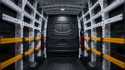 Interior of a commercial van showcasing a spacious cargo area for transportation and storage solutions.