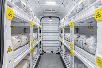 Interior view of a van with neatly arranged shelves containing blankets and caution signs for safety.