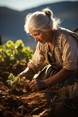 Vertical photo of an elderly woman, with white hair full of gray, wearing country clothes, buried in the ground, planting a small plant with roots, generative AI