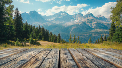 Wooden table or wooden floor for displaying products with mountain view background, forest and nature theme