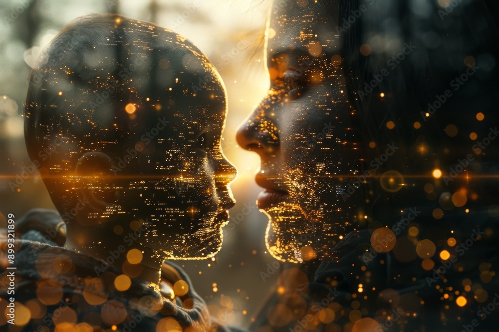 Poster face to face digital interaction in a glowing futuristic setting exploring themes of connection tech