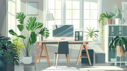Fototapeta premium Modern Home Office with Plants and Natural Light