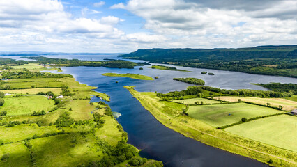 Aerial view of the River Erne at Rosscor Bridge in Enniskillen, Northern Ireland