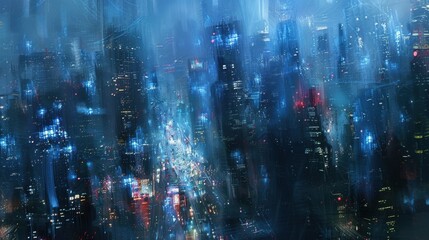 Fototapeta premium Abstract digital artwork of a futuristic cityscape illuminated in blue hues, depicting a vibrant, modern metropolis at night.