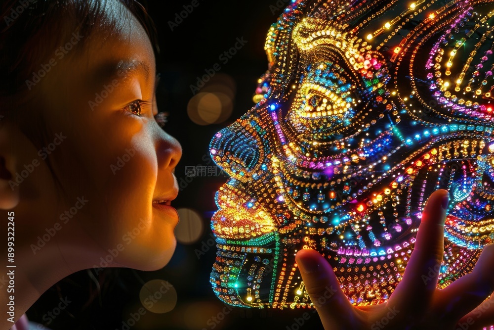 Poster curious child interacting with a digital mask in a vibrant neon lit environment symbolizing technolo