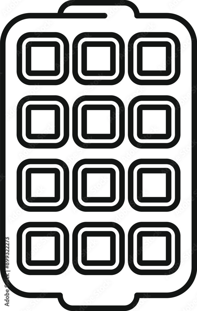 Poster simple black and white line art icon of an empty ice cube tray mold with handle for freezing water