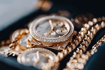 Elegant gold watch with sparkling diamonds surrounded by luxurious jewelry in a stylish display, perfect for showcasing luxury.