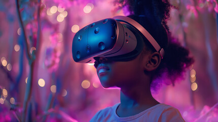 African American Black Girl in Meta Garden Wearing VR in Magical Fantasy Fairyland with Neon Blue Flowers Nature Creativity Concept