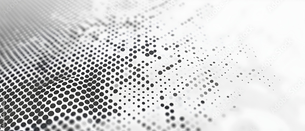 Poster White background with small dots of varying sizes and shades, creating an abstract halftone pattern. The dots should be arranged in waves or curves for a dynamic effect. This design is suitable as a m