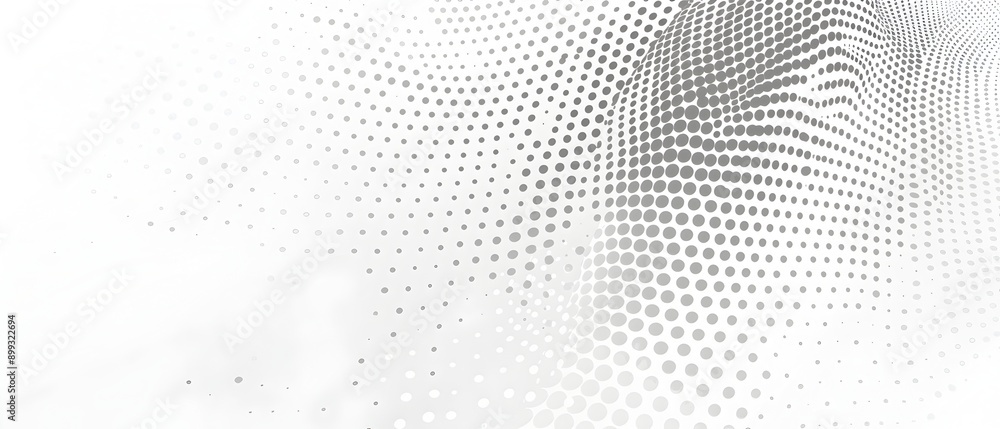 Poster White background with small dots of varying sizes and shades, creating an abstract halftone pattern. The dots should be arranged in waves or curves for a dynamic effect. This design is suitable as a m