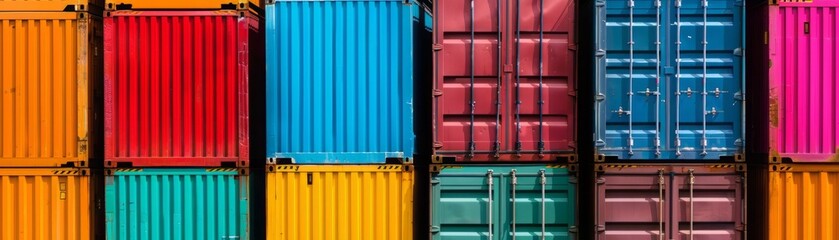 Vibrant and colorful shipping containers stacked together, representing global trade and logistics in urban environments.