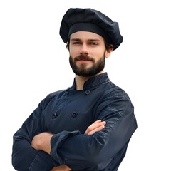 handsome young chef wearing blue  jacket with hat