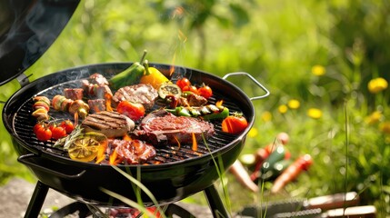 Grilled meat and vegetables outdoors. Selective focus.