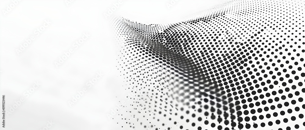 Poster white background with small dots of varying sizes and shades, creating an abstract halftone pattern.
