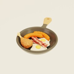 Fried eggs with bacon, sausages and fried chicken leg in a frying pan. 3D food icon on a white background. Top view.
