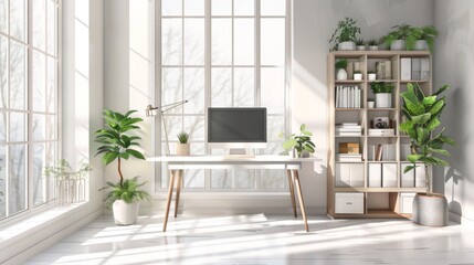 Fototapeta premium Modern Minimalist Home Office Design with Natural Light and Plants