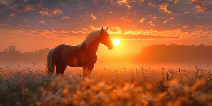 A close-up silhouette of a horse in a field on a misty morning sunrise