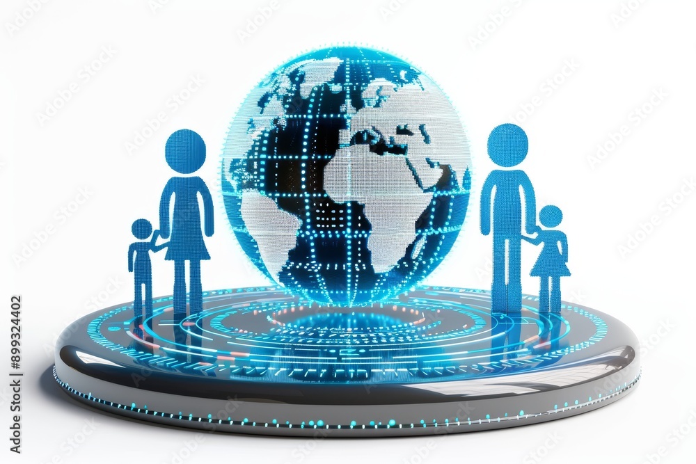 Poster abstract digital representation of a family around a glowing globe symbolizing global connection and
