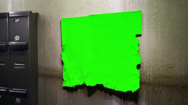 Tracking a torn up poster flyer on the wall of a USA high school locker room where the poster is a chroma key green screen.