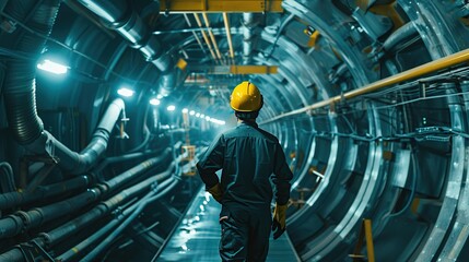 Fototapeta premium Technicians wearing yellow helmets and wearpacks are monitoring the work process on the project.