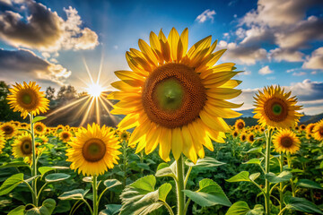 Vibrant yellow petals stretch towards the sky, basking in warm sunlight, amidst a sea of tall, green stalks, in a breathtakingly beautiful sunflower field landscape.