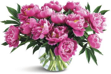 Obraz premium Peonies in vase on white background with copy space.