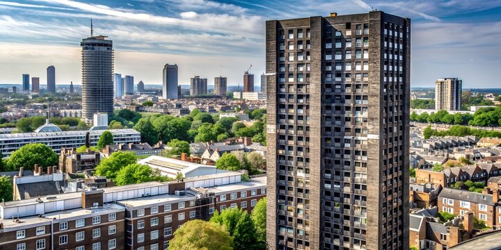 Patterns of Building Exteriors in London The Grenfell tower is in the background AI-Created Content
