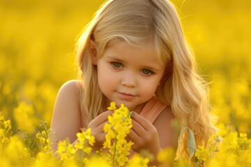 Naklejka premium girl in a yellow flower field picking flowers at sunset in summer