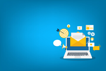 Digital email marketing. Reaching online audience with email marketing campaign, newsletter subscription. Sending marketing messages via email. 