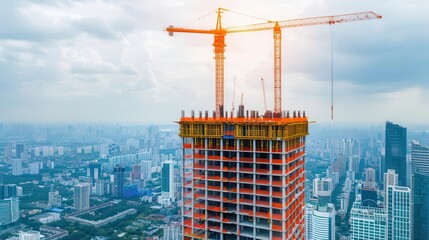 Fototapeta premium Aerial perspective of construction site with a partially built skyscraper, detailed urban landscape, future city skyline