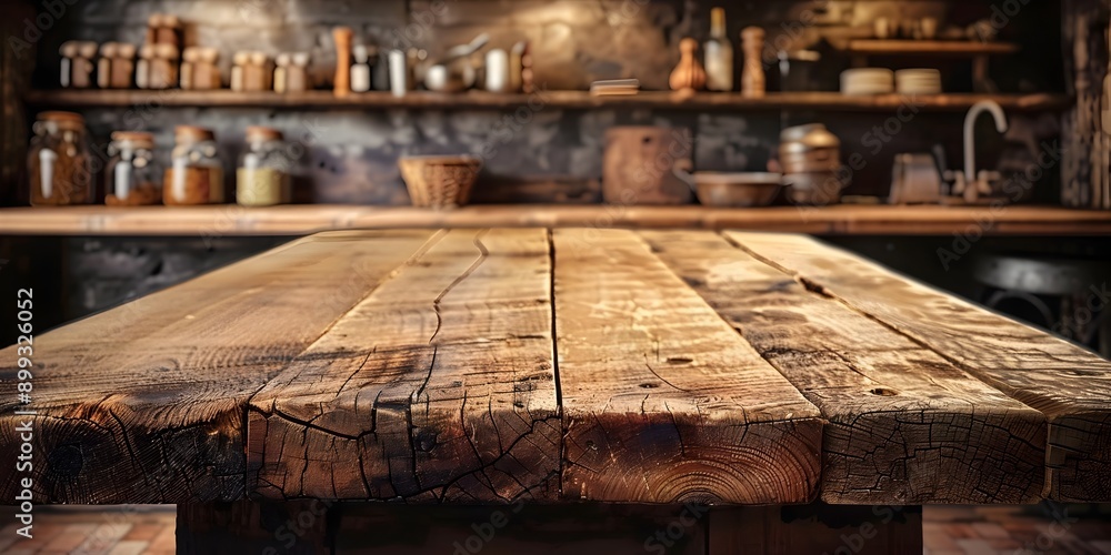 Poster vintage butcher block table with worn surface in rustic kitchen ready for displaying products