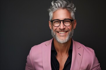 Smiling Middle-Aged Man in Pink Blazer Against Dark Background