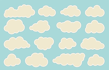 Isolated white clouds on blue sky. Cartoon flat vector clouds. Clouds set. Clouds collection. 