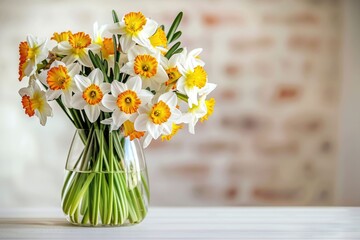 Vase with narcissus flowers on table  Vase with narcissus flowers on table near white brick wall